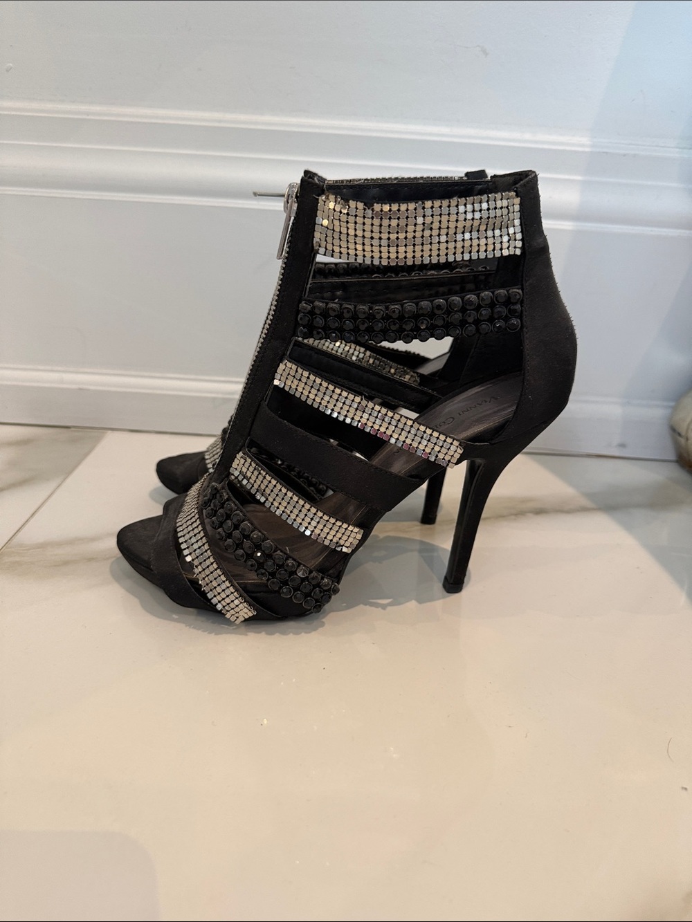 Black Rhinestone Strappy High Heel Sandals
